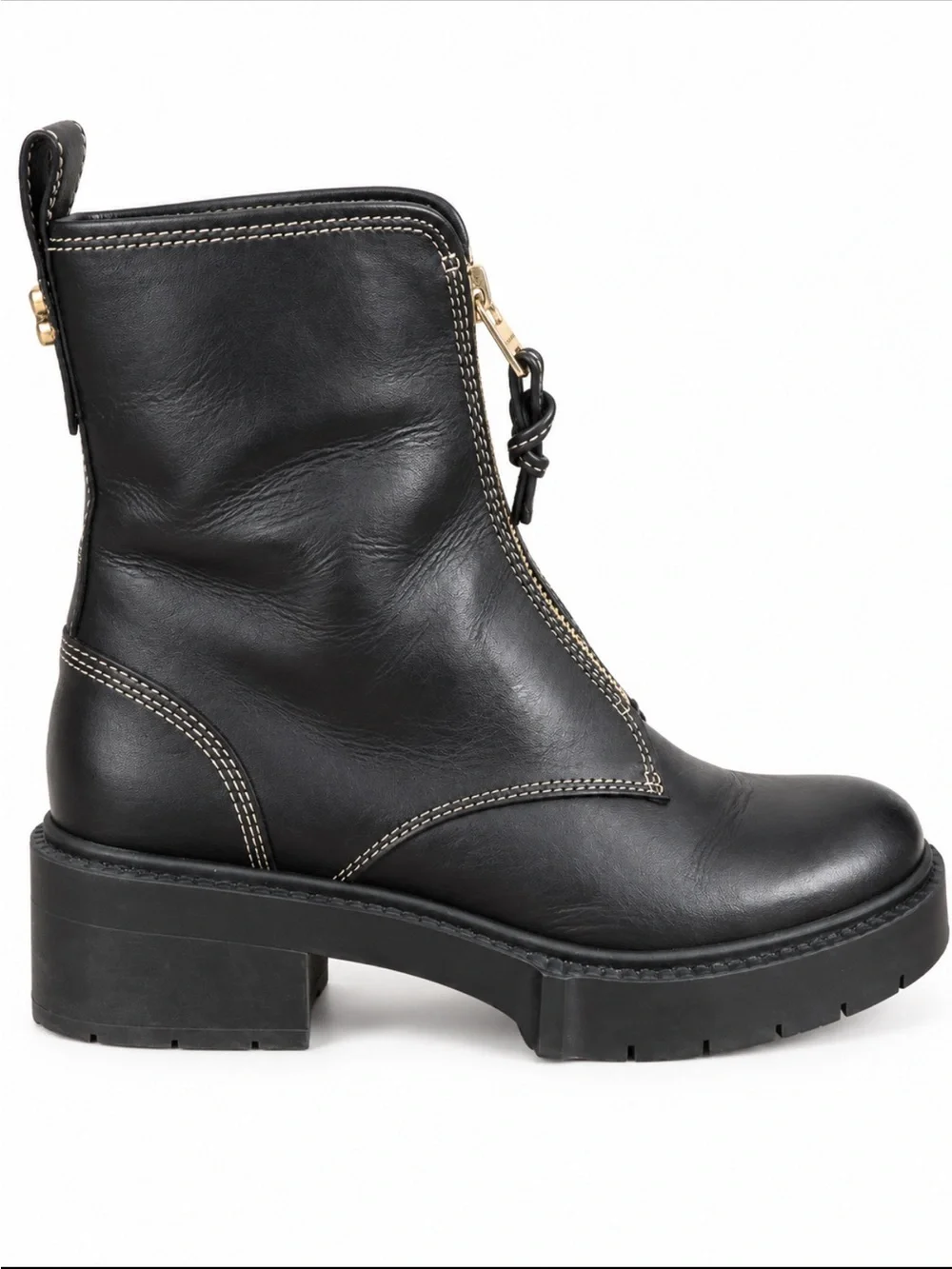 Coach Liza Black Leather Zip-Front Block Heel Ankle Boot with Heavy Chunky Sole
